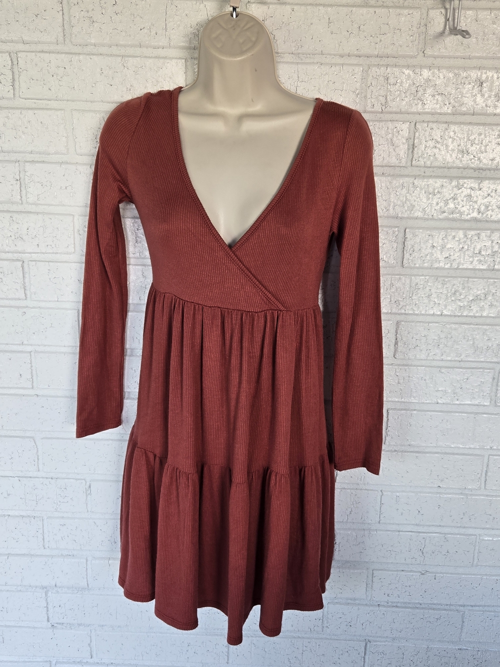 See You Monday Medium Rust Ribbed Tiered Babydoll Dress Long Sleeve.  #1231